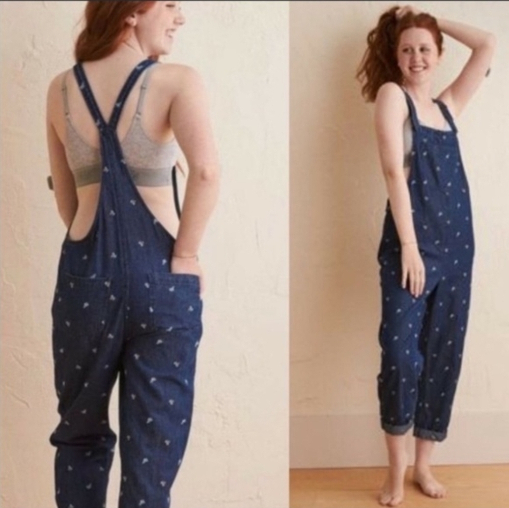 Aerie Women's Blue Cropped Denim Overalls with Embroidered Flowers Sz Medium